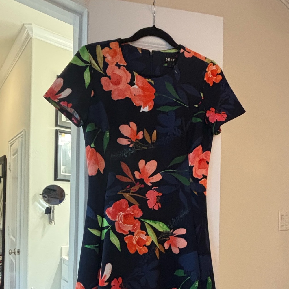 DKNY Navy Dress with Red and Green Floral Pattern